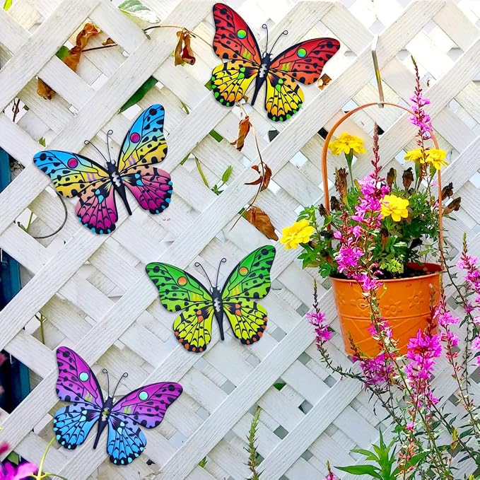 Metal Butterfly Wall Decor - 9.6" Outdoor Fence Wall Art Decor, Hanging Decoration for Garden Yard Living Room Bedroom Patio Balcony(4 Pack)