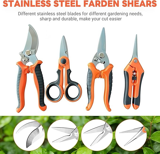 4 Pack Garden Pruning Shears Set - Stainless Steel Blades with Comfort Grip Handles, Heavy Duty Pruning Snips, Plant Scissors for Trimming Flowers, Herbs, Bonsai - Spring-Loaded with Safety Lock