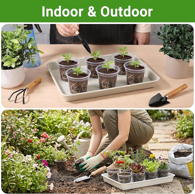 GREANER Rectangle Plant Tray 13 Inch, Beige Seed Starting Trays for Indoor Outdoor Plants, Plastic Plant Saucers for Garden, Windowsill, Greenhouse
