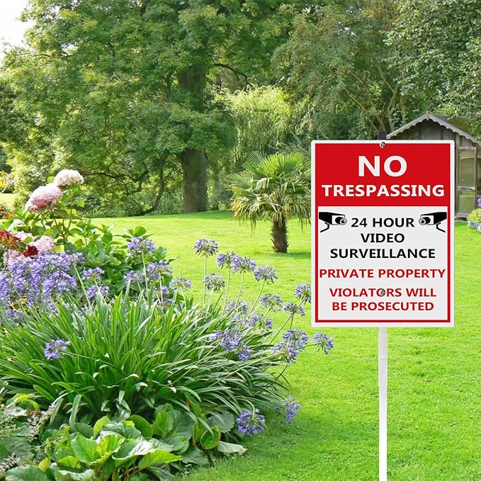 No Trespassing Private Property Sign Yard Sign With Stakes Video Surveillance Reflective Aluminum Yard Signs Rust Free For Lawn Garden Neighborhood (8x12) IN