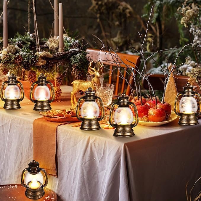 Ferraycle 24 Pcs Mini Lantern Decor 4 Inch Western Lantern Table Centerpiece Small Vintage Camping Hanging Lamp Ornaments Bulk for Cowboy Cowgirl Wedding Halloween Christmas (4 Inch,Retro Gold)