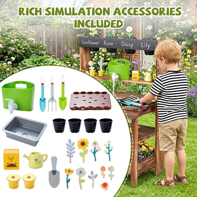 HONEY JOY Mud Kitchen, Fir Wood Kids Potting Bench Table, Removable Sink, 4 Planting Cups, Accessories, Outdoor Play Kitchen for Toddlers, Garden Time Mud Kitchen for Kids Outdoor Backyard