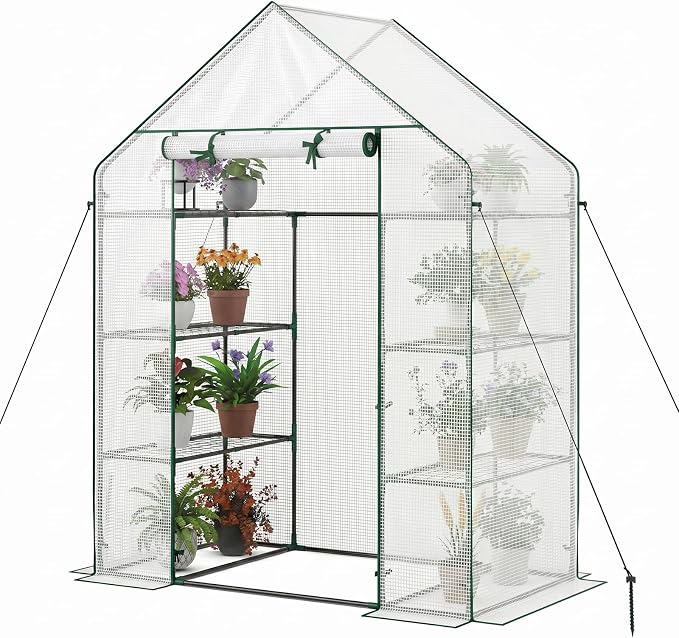 Giantex Walk-in Greenhouse, 4 Tier 8 Shelves, Portable Plant Garden House Indoor Outdoor Mini Growing House for Herb Flower Succulent, Zipped Door, Metal Frame (Clear)