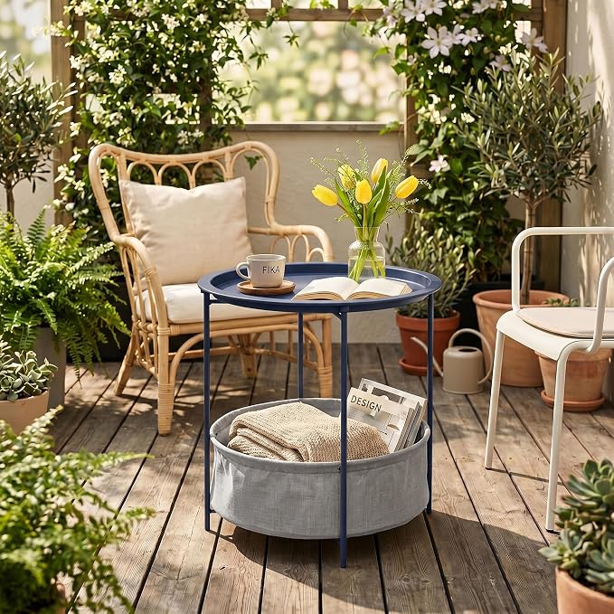 VECELO Round Side/End Table with Fabric Storage Basket，Metal Anti-Rust and Waterproof Small Bedside Nightstand with Removable Tray Top for Living Room，Balcony & Laundry，Blue /2pcs with Basket