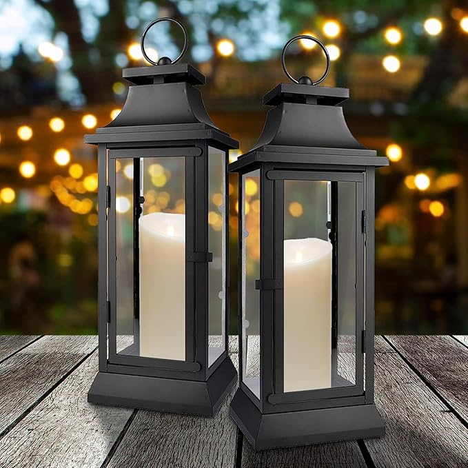 Serene Spaces Living Black Decorative Hurricane Lantern with Clear Glass Panels, Medium Indoor Outdoor Lantern for Porch, Events, Parties & Tabletop Decor, 5" Square & 15" Tall, Pack of 4