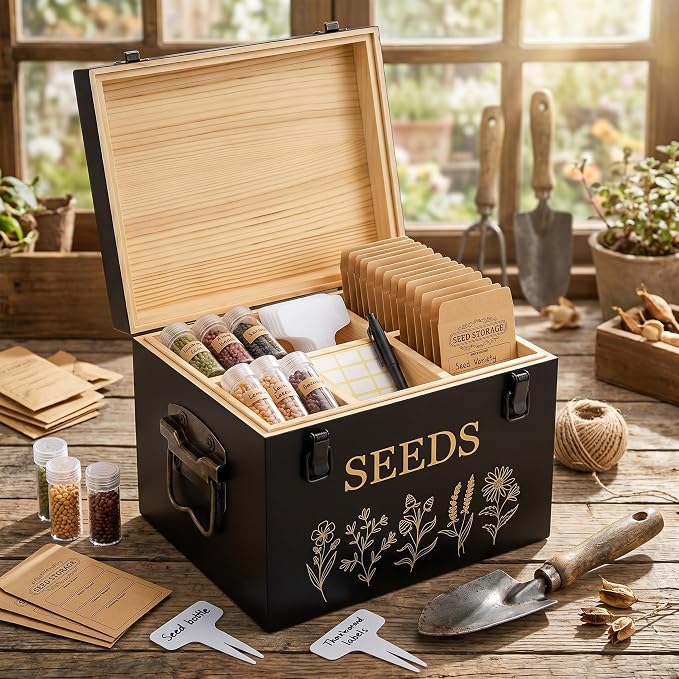 Amyhill 132 Pcs Bamboo Wood Seed Storage Organizer Box with Lid and Safety Locks, 4 Compartments Seed Saving Box with Double-layer Seal Design, Include Jars Envelopes Labels Stickers for Gardener Gift