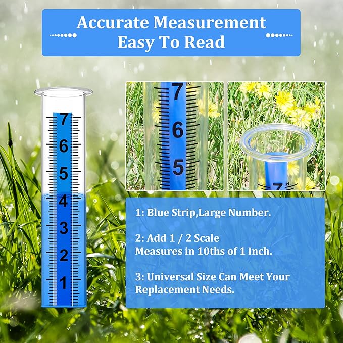 Rain Gauge Outdoor, Rain Gauge Replacement Tube, 7" Capacity Plastic Rain Gauges Outdoors Best Rated, Large Guage for Yard Garden Fence Lawn Farm, 2 Pcs Tubes with 1 Clean Brush