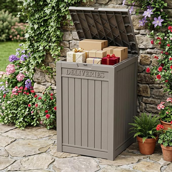 Outdoor Storage Box, 65 Gallon Package Delivery Boxes for Outside, with Lockable Secure, Deck Box Outdoor Waterproof for Entryway, Front Porch, Backyard, Garden, Patio, Lawn, Grey