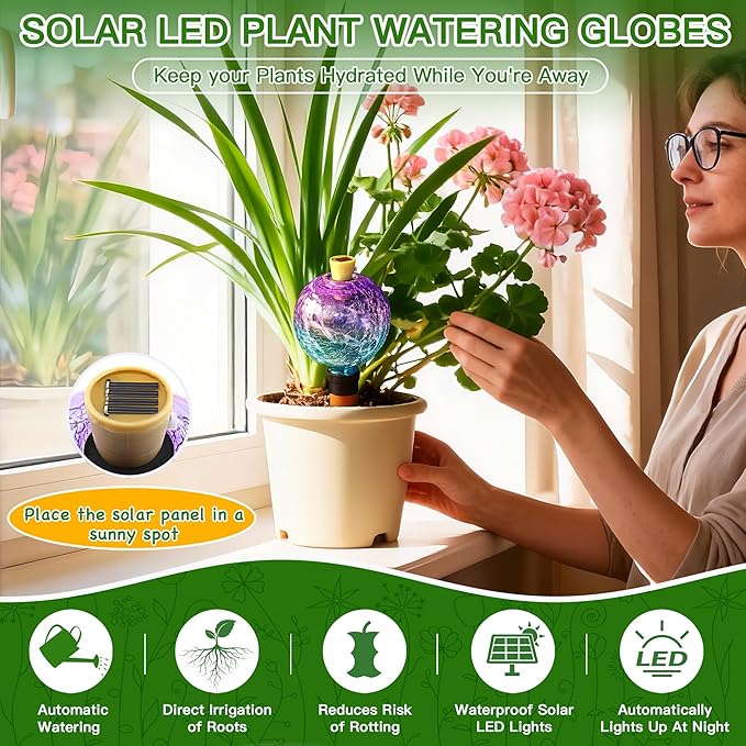 SAVENNA Crackle Glass Plant Watering Globe with Terracotta Spike,Self-Watering Irrigation for Potted Plants, with Solar Accent Light for Indoor & Outdoor Décor, 17oz, Purple–Blue Gradient