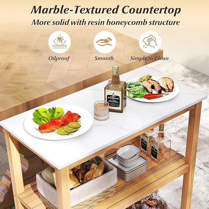 Goplus Patio Wooden Sideboard, 3-Tier Acacia Outdoor Kitchen Buffet Organizer w/Marble-Like Countertop & 2 Slatted Shelves, Garden Potting Bench Table & Plant Stand for Backyard, Garden, Deck