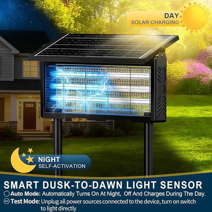 18W Solar Bug Zapper Outdoor | 9600mAh, 365–395nm UV, Dusk-Dawn Sensor, IPX5 Waterproof, 20ft Cord, Indoor & Outdoor for Home, Patio, Garden, Deck, Camping
