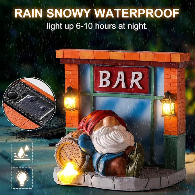 WINTS Solar Garden Gnomes,Funny Tavern Gnome Statue for Outdoor Decor with Light-Up Barrel for Lawn, Patio, Yard, Balcony–Gift for Lovers,Mom,Friends,Husband for Father's Day & Birthday