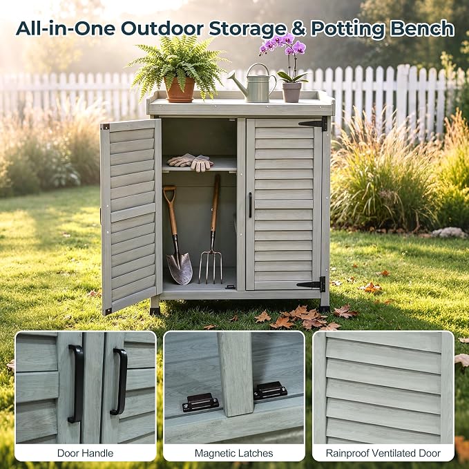 Outdoor Garden Storage Cabinet with Potting Bench, Wood Cabinet with Metal Top, Planting Workstation Table for Patio, Backyard and Garden Tools (Grey)