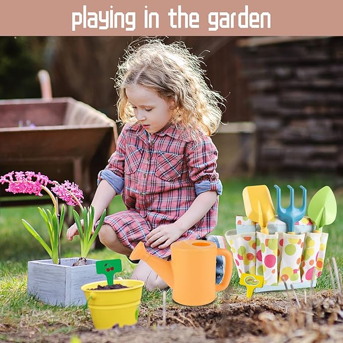 Kids Gardening Set, Kids Gardening Tools with Watering Can, Shovel, Rake, Gloves, Waterproof Apron and Storage Bag, Kids Beach Sand Toys Set for Boys Girls Age 3 4 5 6 7 8