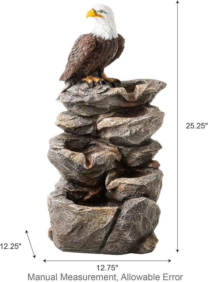 Glitzhome Outdoor Water Fountain with Lights, 4-Tiered Eagel Outdoor Fountain, 25.25" H Polyresin Decorative Waterfall Feature Garden Fountain with Pump for Garden, Patio, Yard, Deck, Porch Decor