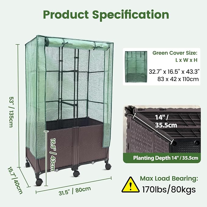 MAYOLIAH 3-in-1 Raised Garden Bed Large Planter Box with Trellis & Cover on Wheels Plastic Tomato Planter with Greenhouse for Deep Rooted & Climbing Plants 31.5x15.7x53-inch Brown