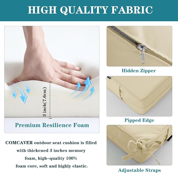 Outdoor Bench Cushions 42 x 18 Inch Thick Waterproof Porch Swing Cushions with Tie Patio Furniture Chair Cushion Bench Pad Color Fastness Backyard Seat Pads Beige