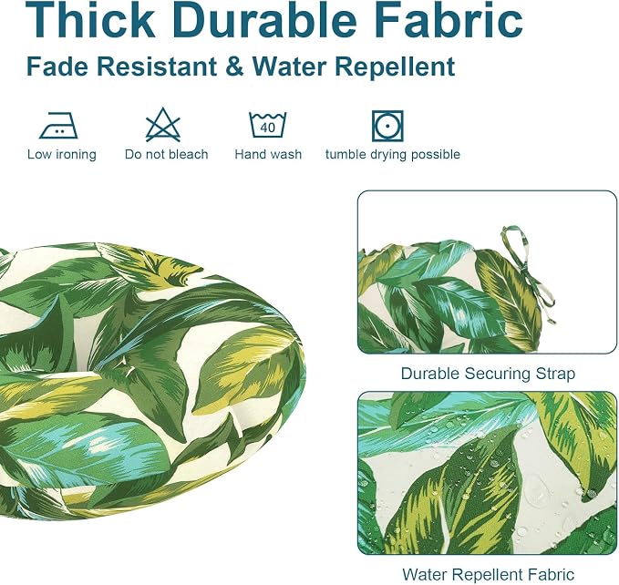 DYTXIII Set of 2 Outdoor Round Chair Cushions 15"x15"x4" with Ties, Water Repellent Tufted Bistro Seat Cushions, Thick Patio Chair Pads for Bar Stool, Garden & Dining Furniture - Lush Leaf Jungle