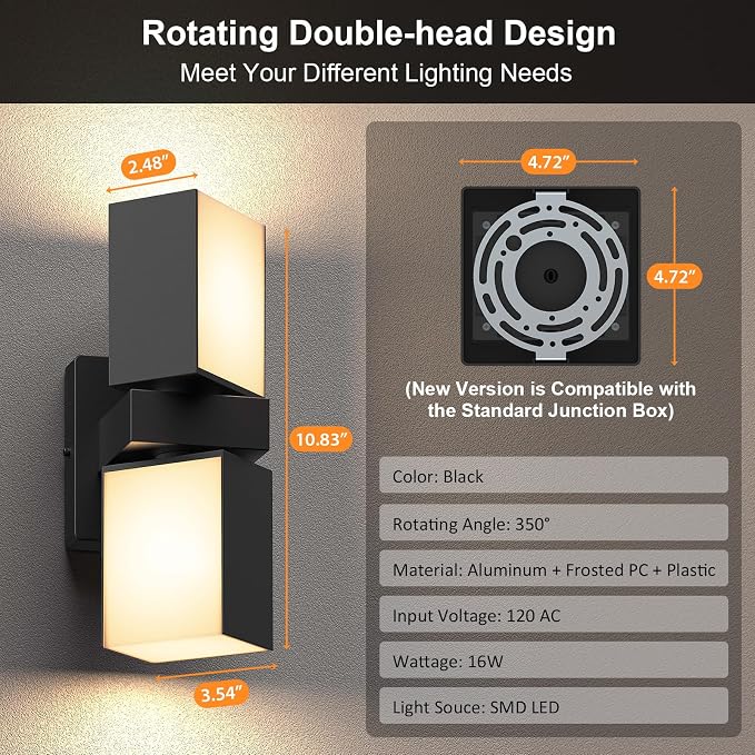 XMCOSY+ Outdoor Wall Lights, 1400LM RGBCW Smart Porch Lights Outdoor with 32 Scene Modes, 350° Adjustable Dual-Head Wall Sconce, IP65 Waterproof, Compatible with Alexa and Google Assistant, 2 Pack