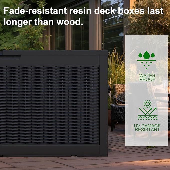 120 Gallon Outdoor Deck Box, Lockable Waterproof Outdoor Storage Boxes For Garden Tools,Indoor Cushions,Accessories Outside Storage Resin Weatherproof Container(Black)