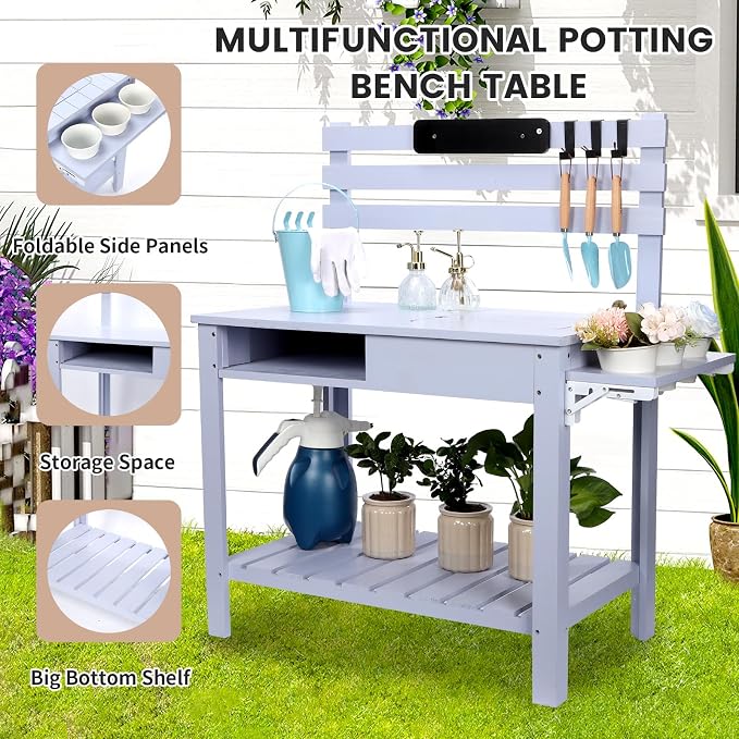 Potting Bench Outdoor Potting Table—Outdoor Kitchen for Kids, Solid Wood Garden Work Station with Sink、Hooks、3Flower Pots, Weather Proof