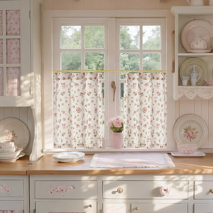 StangH Pinch Pleat Cafe Curtains 36 Inch Long Vintage Floral Linen Half Window Curtains for Kitchen/Bedroom,flowal Yellow,W26xL36,2 Panels（10 Plastic Hooks with 2 Extra）