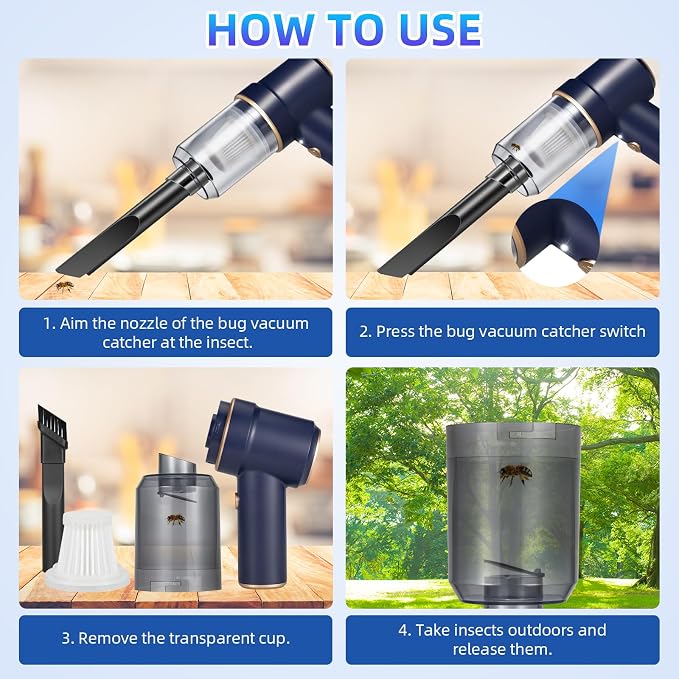 2026 Bug Vacuum Catcher - Spider and Insect Catcher Traps,Cordless Handheld Vacuum Cleaner Rechargeable Bug Catcher Strong Suction with Suction Nozzle for Cockroach Bedbug Ant Beetle