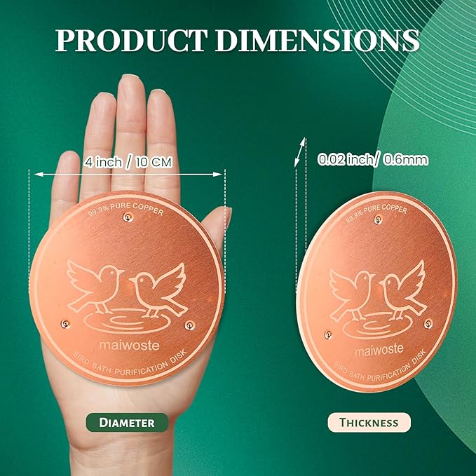 Bird Bath Copper Disk, 4 Inch 0.6mm Thick 99.9% Pure Copper Disc with Triple-Point Support, Natural Water Cleaner for All-Season Use, Universal Fit for Outdoor BirdBaths, Bowls, 2 Pack