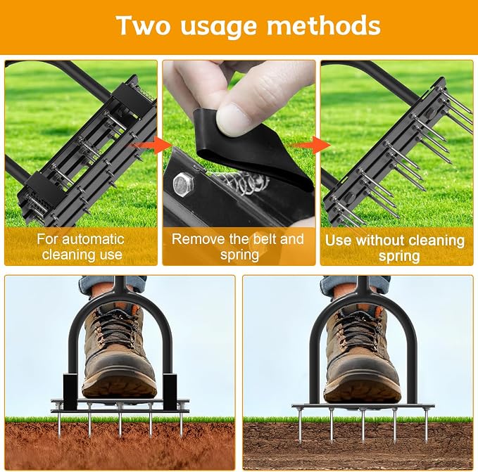 Aerator Lawn Tool - 2-in-1 Reinforced Heavy Duty Manual Lawn Aerator with 15 Spikes, Automatic Dirt and Leaf Clean Design, Adjustable T-Handle (Gloss Black)
