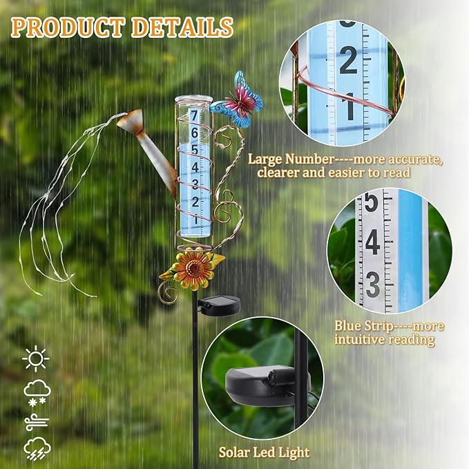 WONDER GARDEN Solar Rain Gauge Outdoor, Kettle Decorative Rain Gauges Outdoors Best Rated with Stream-Like LED Lights, Freeze Proof Water Rain Measure Gauge for Yard Patio Lawn Decor