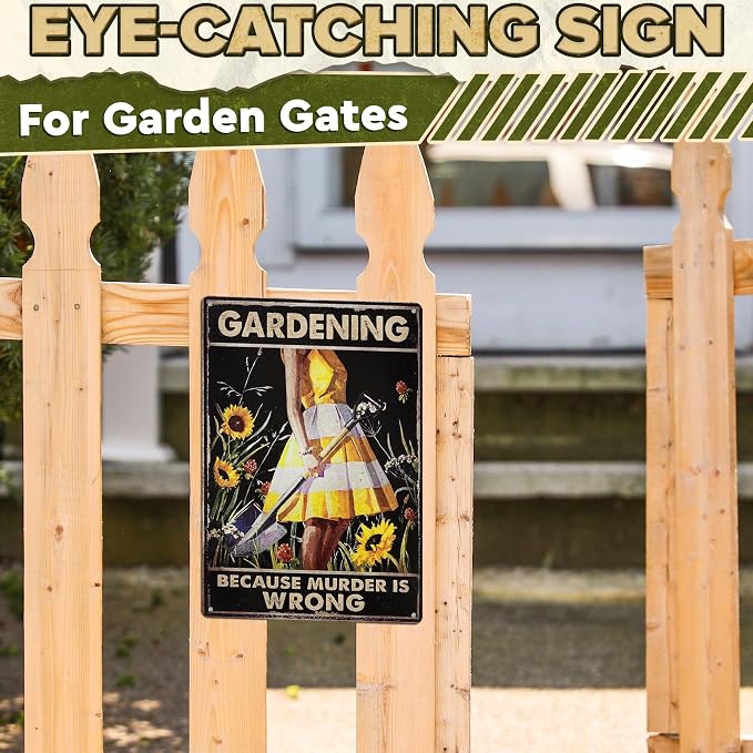 Funny Garden Signs for Outside - Gardening Because Sign 8x12 In Vintage Funny Metal Signs for Outside - Unique Gardening Gifts for Women Who Love Garden | Gardener's Backyard, Patio and Porch Decor