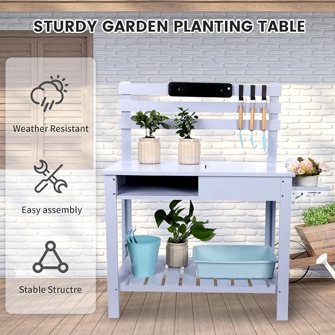 Potting Bench Outdoor Potting Table—Outdoor Kitchen for Kids, Solid Wood Garden Work Station with Sink、Hooks、3Flower Pots, Weather Proof