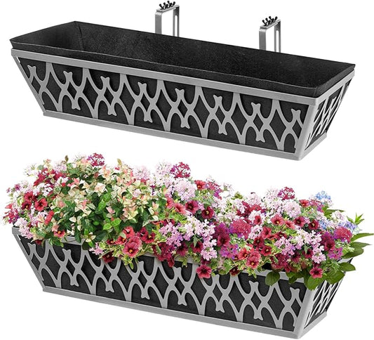 2 Pack 24 Inch Window Boxes Planters Railing Planter Box with Adjustable Brackets & Non-Woven Fabric Plant Grow Bags Deck Railing Planter Boxes Balcony Hanging Flower Box for Outdoor Plants