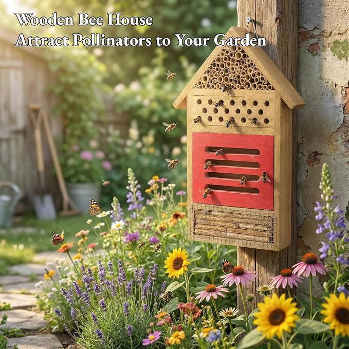 AUNMAS Wooden Bee House, Attracts Pollinators with Tubular Tunnels, Durable Platane Wood Garden Decor, 19.5x3.8x29.8cm Humidity for Bees