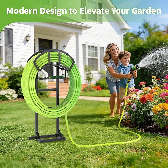 LASZOLA Garden Water Hose Holder Hanger for Outside, Freestanding Garden Hose Reel Rack Outdoor with Storage Basket, Heavy Duty Metal Water Pipe Stand 5 Spikes for Patio Yard Lawn, Holds 151ft, Black