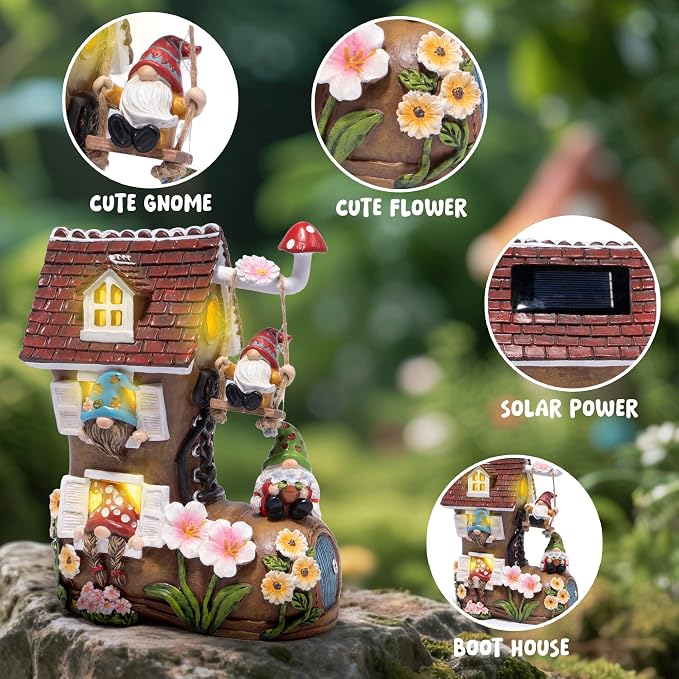 basen Solar Gnome Garden Statue with Boot House, Resin Outdoor Fairy Garden Decor with LED Lights, Waterproof Yard Ornament for Patio Lawn Backyard, Charming Gnome Figurine with Mushroom Swing