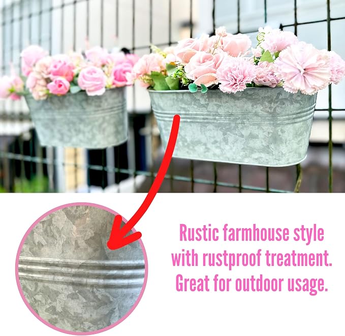 LaLaGreen Outdoor Plants Rail Planter (15 Inch, 4 Pack) Silver Metal Iron Hanging Flower Pot Deck Railings Fence Bucket Modern Boho Style Wall Mount Window Box Plant Wall Hanger Hooks Porch Home Decor