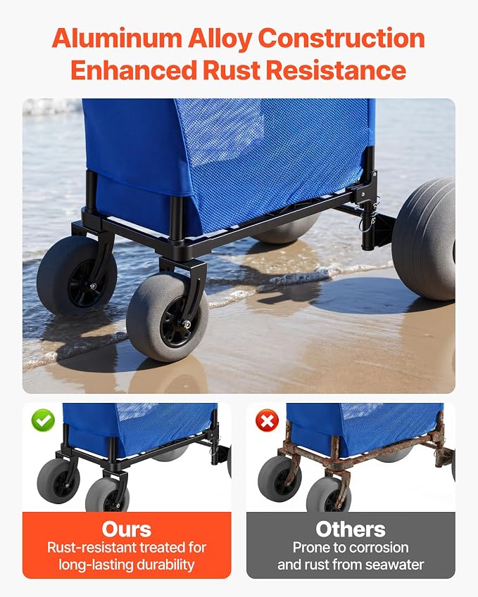 VEVOR Beach Cart, 165LBS Load Capacity, Portable Folding Beach Wagon Dolly with 12" Balloon Wheels for Sand, Storage Bag & 4-Level Adjustable Height for Outdoor Camping Fishing