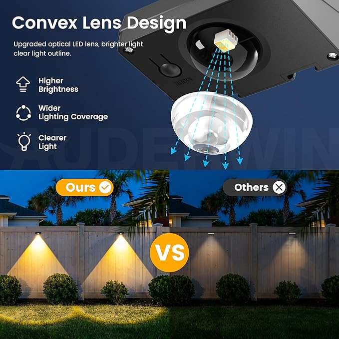 AUDERWIN Solar Fence Lights Outdoor Waterproof 16 Packs, Fence Lights Solar Powered, 3 Lighting Modes LED Lens Light for Wall, Backyard, Deck, Patio, Step, Stair, Porch, Pool Decor