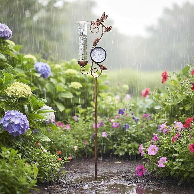 Rain Gauge Outdoor, Coppery Dragonfly with Thermometer Rain Gauges,Used for Measuring Precipitation and Temperature Garden Decor