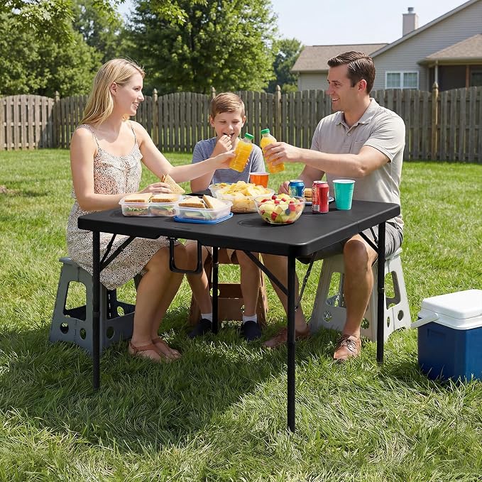 Byliable 34" Folding Square Card Table, Portable Heavy Duty HDPE Fold-in-Half Folding Table with Carrying Handle for Indoor/Outdoor Use – Ideal for Picnic, Camping, Parties, Black