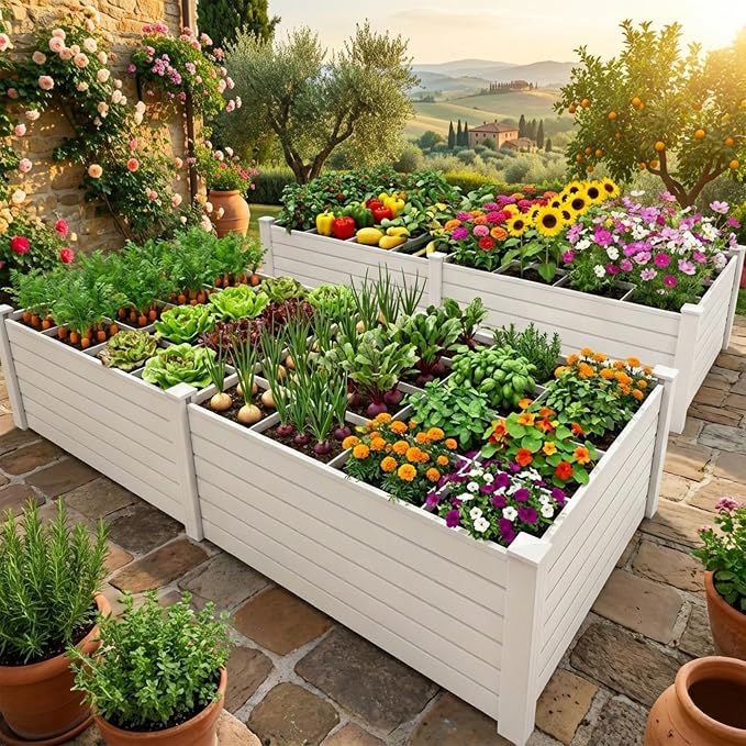 YITAHOME 48x48x24 in Plastic Raised Garden Bed with Growth Grid, Large Outdoor Vinyl Planter Box for Plants, Vegetables, and Flowers, Easy Installation, White
