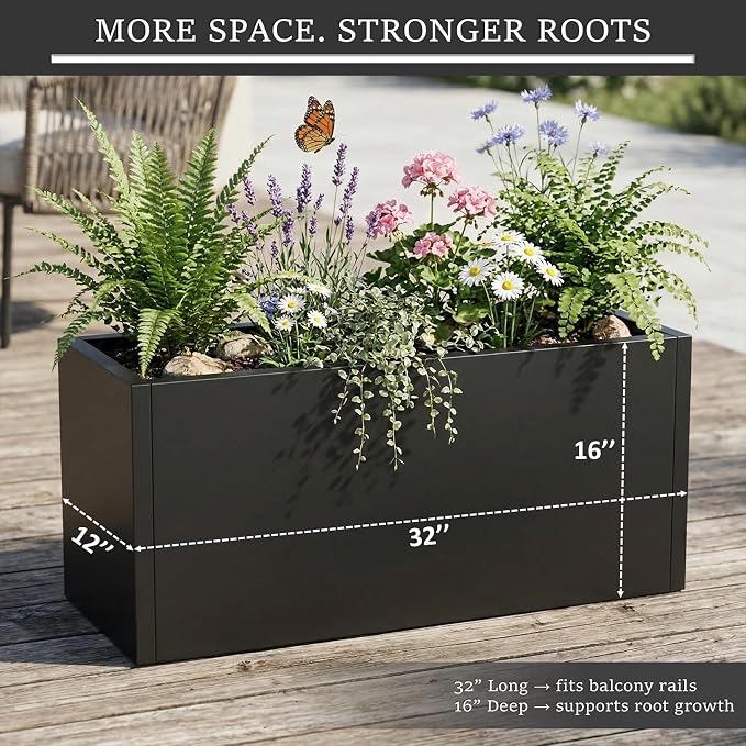 Rustproof Metal Planter Box 32 Inch Outdoor, Galvanized Steel Raised Garden Bed with Drainage Holes, Large Deep Rectangular Planter for Patio Balcony Porch Backyard