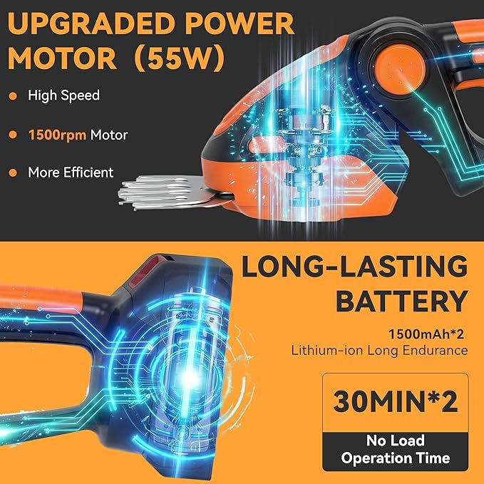 2 in 1 Cordless Hedge Grass Trimmer, 55W Electric Small Handheld Bush Trimmer with 2X 1.5Ah Batteries, Garden Shears with 2 Blades for Lawn & Shrub Pruning