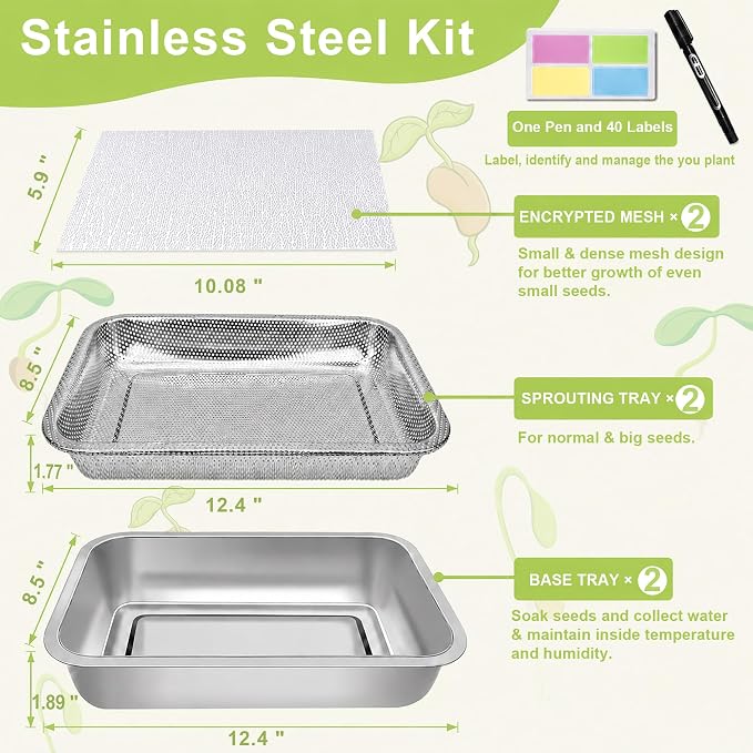 Stainless Steel Sprouts Growing Kit 2-Tier 12.4 inch Trays, Microgreens Growing Kit, Seed Sprouting Tray with Encrypted Mesh Sprouts for Beans Alfalfa Broccoli Wheat Grass