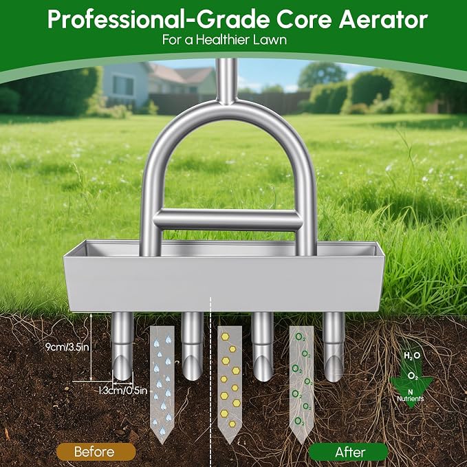 Lawn Coring Aerator, Manual Lawn Aerator Tool with 4 Stainless Steel Plug Corer, Pre-Assembled Grass Aerating Tool with Soil Core Storage Tray for Yard Garden Compacted Soil & Lawn Care