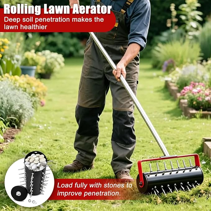 Rolling Lawn Aerator Tool Heavy Duty Manual Push Aerator Lawn Tool with 42 Spikes Lawn Aerator Spike Tool Soil Penetrator Push Lawn Aeration for Garden Yard Patio (Red)