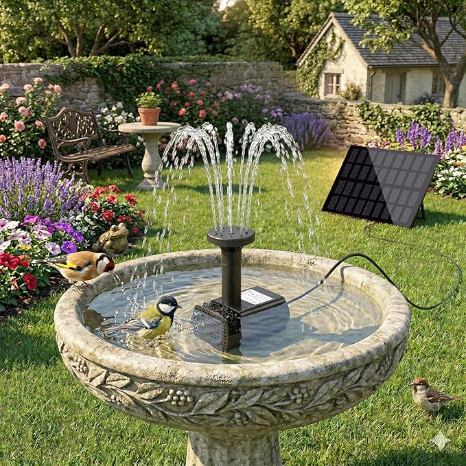 2W Solar Water Fountain, DIY Solar Fountain Pump Kit with 4 Spray Nozzles, 9.84ft Power Cord, Solar Powered Bird Bath Fountain Pump for Garden Pond, Patio, Outdoor Solar Fountain