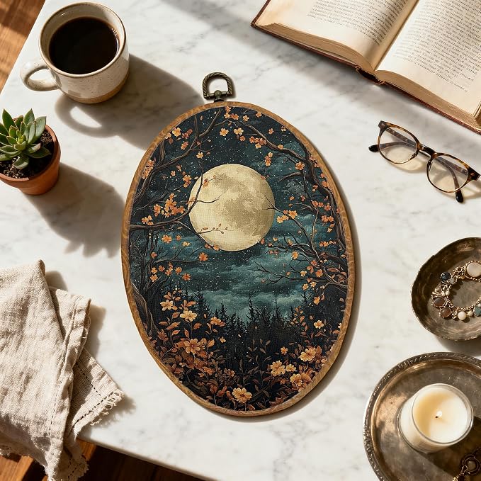 DOFQZ Moody Forest Full Moon Oval Wall Art Decor, Dark Academia Cottagecore Wildflowers Framed Wall Art, Mystical Celestial Night Walls Hanging Decor for Home Living Room Bedroom, 8.5x11.5 Inch