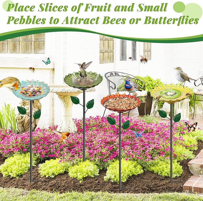 4PCS Flower Bird Baths for Outside, 5.9" Metal Hummingbird Bath with Adjustable Stake, Colorful Garden Birdbath Decor Set for Outdoors Yard Lawn Patio(4PCS Sunflower)